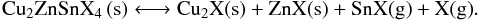 \begin{equation} {\rm Cu}_{2}{\rm ZnSnX}_{4}\,{\rm (s)} \longleftrightarrow {\rm Cu}_{2}{\rm X(s)} + {\rm ZnX(s)} + {\rm SnX(g)} + {\rm X(g)}. \end{equation}