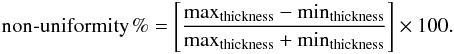 \begin{equation} \text{non-uniformity} \, \% = \left[\frac{{\max}_{\text{thickness}}-{\min}_{\text{thickness}}}{{\max}_{\text{thickness}}+{\min}_{\text{thickness}}} \right]\times 100. \end{equation}